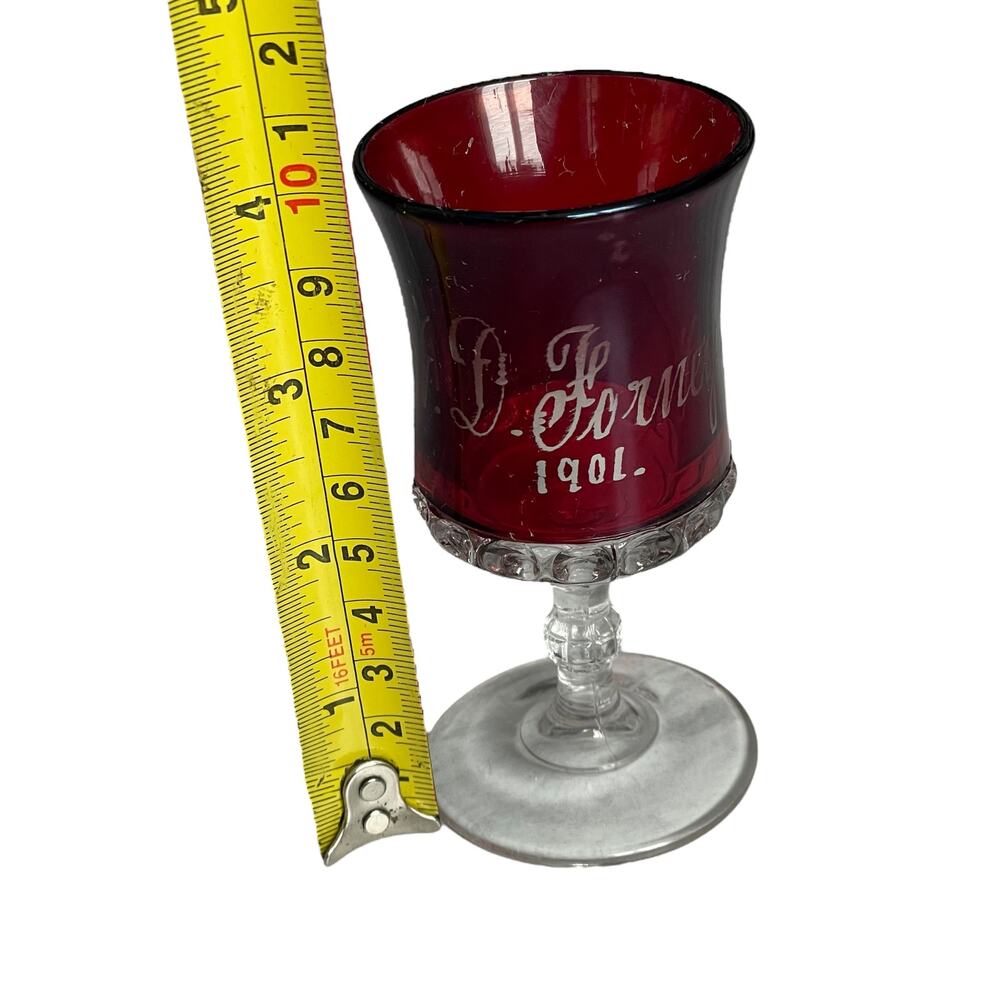 Antique Ruby Red Flash Glass Souvenir Etched Cordial Liqueur 1901 Forney EAPG